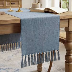 lot 3961 image: Aoztio Linen Style Rustic Table Runner, Farmhouse Cotton Linen Table Runner, Boho Table Runners 108 Inches Long with Hand Tassels for Home Tabletop Decor and Everyday Use - Dusty Blue, 108 Inch