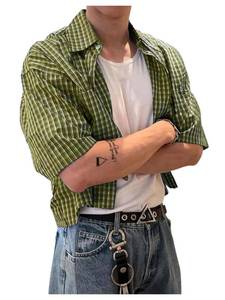 lot 3966 image: VIPWOLF Mens Plaid Shirts Gingham Short Sleeve Button Down Crop Tee Tops Mustard Yellow Large