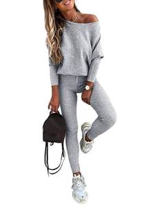 lot 3971 image: CHICME 2 Piece Lounge Outfit Long Sleeve Knit Pullover Tops Drawstring Pants Set Tracksuit Sweatsuit-ga-M