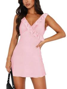 lot 3974 image: MIYIEONZ Womens Sexy V Neck Sleeveless Backless Ruffles Dress for Women Elegant Mesh Party Fitted Medium Light Pink Cocktail Mini Dresses