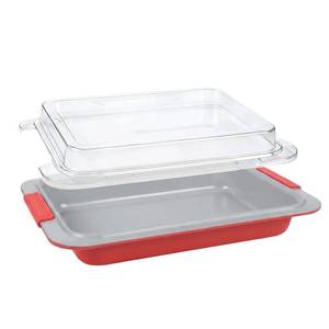 lot 5015 image: 9x13 Baking Pan with Lid, Deep Nonstick Covered Cake Pan for RV & Convection Oven, Heavy Duty Warp-Resistant Pan with Silicone Handles, Snap-On Cover for Meal Prep, Storage, Transport (Coral Red)