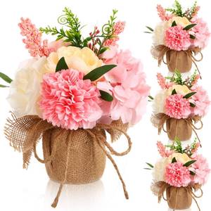 lot 5027 image: Novabright 4 Packs Artificial Flowers Centerpieces for Tables Decoration Faux Floral Pink Hydrangea in Small Burlap Vases Centerpiece Bouquets for Summer Table Wedding Home Office Party