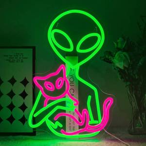 lot 5030 image: Virlusy Alien Neon Sign for Wall Decor Dimmable Aliens Cat Led Lights Signs for Bedroom Green Neon Light for Game Room Man Cave Bedroom Party Decoration Gift for Kids Boys