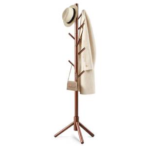 lot 5034 image: Freyawin Wooden Coat Rack Freestanding with 8 Hooks & 3 Adjustable Sizes for Clothes, Space-Saving Design for Bedroom Office Entrance Holds Hats Coats Scarves Bags