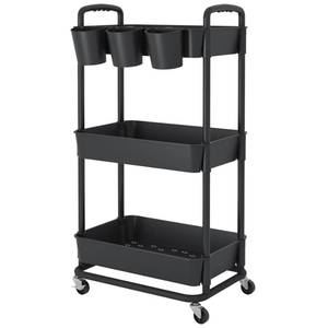 lot 5046 image: JIUYOTREE 3-Tier Plastic Rolling Storage Cart Utility Cart with Extra Hanging Cups Handles Lockable Wheels for Living Room Bathroom Kitchen Office Black