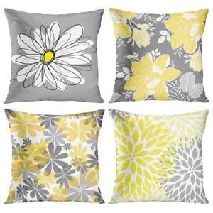 lot 5096 image: Emvency Set of 4 Throw Pillow Covers Gray and Yellow Modern Daisy with Pretty White Floral Hand Couch Sofa Decorative Pillow Cases Cushion Home Decor Square 16x16 Inches Pillowcases