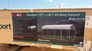 lot 9012 image: KJ Unused 11FT x 19FT All-Steel Carport Model K1119 - cream