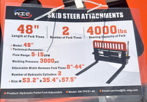 lot 5019 image: Unused WIG Skid Steer Hydraulic Pallet Fork Attachment 48 4000 lbs - Model XN-TPC01-48