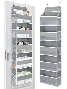 lot 1326 image: Yecaye 1 Pc Over the Door Organizer with 5 Bins 10 Side Pockets, 44lbs Load Hanging Bathroom and Bedroom Organizer, behind the Door Hanging Organizers for Nursery Newborn Baby Essential Stuff Grey - Retail $24
