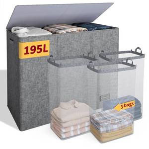 lot 1327 image: 195L Laundry Hamper 3 Section,Large Laundry Hamper with Lid,Dirty Clothes Hamper with 3 Inner Bags,Collapsible Laundry Basket Organizer for Laundry Room,Bedroom,Laundry Sorter Hamper 3 Compartment - Retail $31