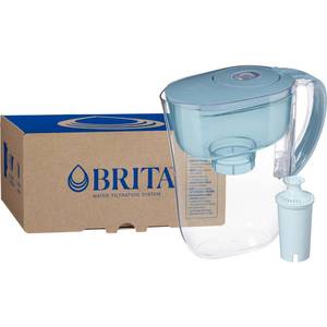 lot 1362 image: Brita Small 6-Cup Water Filter Pitcher with BritaPlus Filter, WQA NSFANSI Certified, Reduces 2X Contaminants vs. Standard, Removes Chlorine Taste & Odor, Reduces Zinc Copper Mercury, Stone Blue - Retail $27