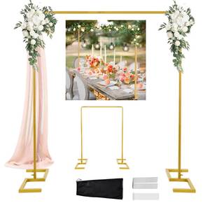 lot 1367 image: 8.2FT Square Wedding Arch Backdrop Stand,Balloon Arch Stand, Metal Gold Backdrop Adjustable Stand Heavy Duty, Extra 2 Clamps Change Over The Table Rod Stand for Party Decoration,Garden Trellis Frame - Retail $37