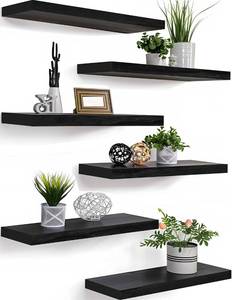 lot 1373 image: PHPH Wood Floating Shelves for Wall, Wooden Wall Shelves for Bedroom, Set of 6 Black 17 Inch - Retail $35