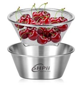 lot 1380 image: SHPii 2 Piece Mini 304 Stainless Steel Colander with Mixing Bowl, Kitchen Cooking, Washing Fruits and Vegetables, Back of House Preparation (800ML) - Retail $20