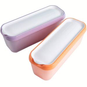 lot 1386 image: WALL QMER 2 Pack Ice Cream Tub Containers (1.6 Quart Each), Reusable Freezer Storage Containers with Lids for Homemade Sorbet, Frozen Yogurt, or Gelato, Orange and Purple - Retail $68