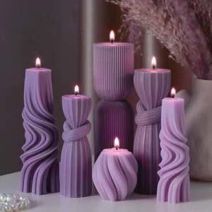 lot 1393 image: Threlaco 6 Pcs Pillar Candles Decorative Modern Aesthetic Ribbed Candle Set Cute Soy Wax Scented Ribbed Decor Commemorative Gift for Home Decoration(Purple, 2.36-6.89 Inch) - Retail $30