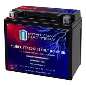 lot 1422 image: Mighty Max Battery YTX12-BS -12 Volt 10 AH, 180 CCA, Rechargeable Maintenance Free SLA AGM Motorcycle Battery - Retail $34