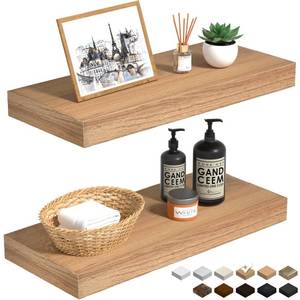 lot 1432 image: INHABIT UNION Oak Floating Shelves Wood for Wall 15.7in Wall Mounted Display Ledge Shelves Perfect for Bedroom, Bathroom, Living Room and Kitchen Decoration Storage (Set of 2) - Retail $30