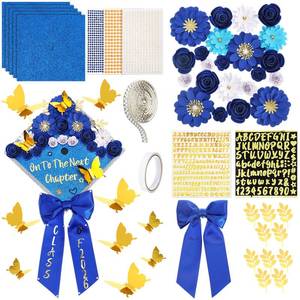 lot 1441 image: Wavwavw 61 Pcs DIY Graduation Cap Decorations Kit, 2026 Grad Cap Decor Included Bow Paper Flowers 3D Butterfly Pearl Letters Stickers Glitter Construction Paper for DIY Grad Hat Topper(Dark Blue) - Retail $24