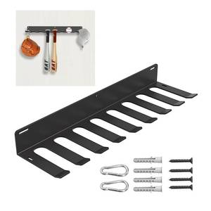 lot 1442 image: Demimy Baseball & Softball Bat Holder Wall Mount, 17 Heavy Duty Metal Storage Rack Organizer Display Holds 16 Bats, Bat Hanger for Dugout Fence, Garage, Gym Organization, Clip on Mesh, Black, 1 Pack - Retail $18