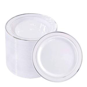 lot 1450 image: bUCLA 100Pieces Silver Plastic Plates - 6.25inch White with Silver Rim Disposable SaladDessertAppetizerSmall Cake Plates for Weddings, Parties&Gathering - Retail $24