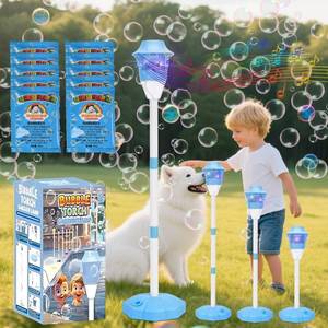 lot 1454 image: XUANDOH Torch Bubble Machine Maker Stand, Adjustable Height Magical Bubble Torch Garden Lamp Rechargeable Automatic Endless Bubble Fun for All (Blue) - Retail $27