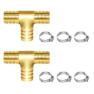 lot 7222 image: Joywayus 2Pcs 58 Hose Barb, Tee T 3 way Union Fitting IntersectionSplit Brass WaterFuelAir - Retail $10