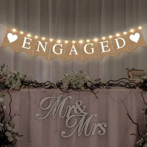 lot 13352 image: Engagement Party Decorations Engaged Banner Heart Burlap Rustic Bunting Garland LED Fairy Lights Battery Operated String Lights for Congratulations Engaged Party Outdoor Tree Decorations Wedding - Retail $10