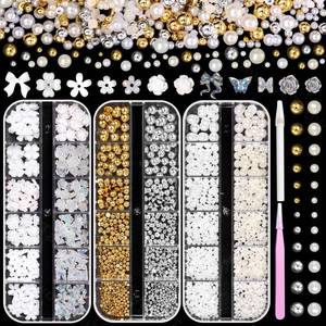 lot 13353 image: Silver Gold Nail Pearls, 3D Flowers Nail Charms, White Beige Flatback ABS Pearl Nail Art Beads Gems, Mixed Flowers Bow Butterfly Charm for Acrylic Nails Art DIY Accessories