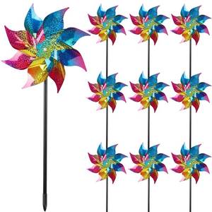 lot 13361 image: Hausse 10 Pack Reflective Pinwheels Wind Spinner (Assembly Required), Extra Sparkly Rainbow Pinwheel with Stakes, Bird Repellent Blinder Devices Scare Birds Away from Yard Patio Farm Garden, Colorful - Retail $14
