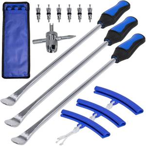 lot 13384 image: Y.A. LOTUS Tire Spoons 14.5IN, Steel Tire Changing Kit for Motorcycle Dirt Bike Lawn Tractor Bicycle and More, Include 3 Tire Removal Tool, 3 Rim Protector, 1 Valve Tool, 6 Valve Cores - Retail $14