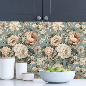 lot 13386 image: VistaPalette Vintage Teal Green White Peony Floral Beige Flowers Peel and Stick Wallpaper Wall Decor Self Adhesive Wall Paper Stick on Easy Peel Off Contact for Renter Apartment - Retail $19