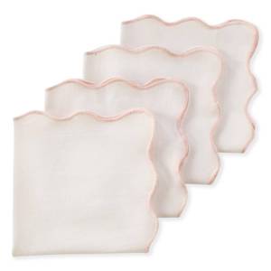 lot 13393 image: Scalloped Cloth Napkins, Soft 100% Cotton Dinner Napkins with Embroidered Wavy Edges, 18x18 Inch Washable Reusable Table Linen for Dining, Weddings, Table Decor, 4 Pack, White with Pink Trim - Retail $23