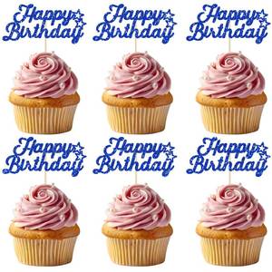 lot 13404 image: 24 PCS Happy Birthday Cupcake Toppers Blue Glitter for Celebrating Birthday Anniversary Theme Party Cake Decorations Supplies - Retail $3