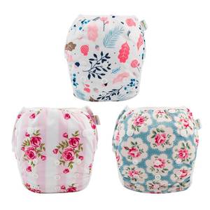 lot 13417 image: Babygoal Baby Girl Swim Diapers 3 Pack for 8M-3T Babies and Toddlers, Reusable Adjustable Washable for Swimming Lessons-Flower - Retail $13