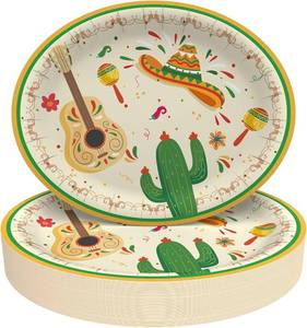 lot 13421 image: Tbsone 50-Count Fiesta Disposable Paper Plates Large Oval Heavy-Duty Dinnerware Set for Cinco de Mayo Mexican Party Supplies Dinner Table Decorations, 10.2 x 12.6 Inch (Fiesta) - Retail $25