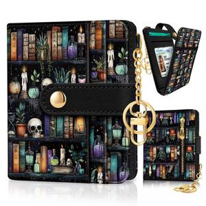 lot 13426 image: Jogjam Bookshelf and Skull Goth Gothic Skeleton Rfid Women Wallet, Small Slim Thin Compact Travel Credit Card Wallet, PU Leather Bifold Cash Wallet, Zipper Coin Pocket ID Window, Female Ladies Gifts - Retail $15