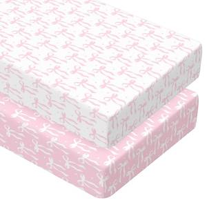 lot 13438 image: Peryiter 2 Pack Pink Bow Crib Sheets for Girls Boys Coquette Bed Sheet Set Fitted 52 x 28 for Standard Crib Mattress Stretchable Soft Toddler Aesthetic Nursery Decor - Retail $23