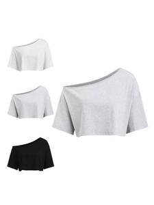 lot 13452 image: SOLY HUX Womens Off The Shoulder Short Sleeve T Shirts 2 Packs Crop Tees Summer Basic Tops Black Grey White Medium - Retail $25