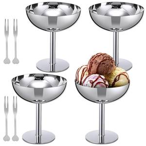 lot 13472 image: Reallnaive 4 Sets Stainless Steel Ice Cream Cups Bulk Silver Dessert Bowls with Forks 6.7 oz Small Metal Footed Cup for Serving Pudding Salad Fruit Sundae Summer Birthday Party Supply - Retail $29