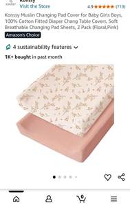 lot 15253 image: Konssy Muslin Changing Pad Cover 2 Pack Fitted Diaper Change Table Floral Pink