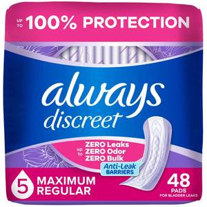 lot 1474 image: Always Discreet Adult Incontinence Pads for Women, Maximum Absorbency, Regular Length, Postpartum Pads, Up to 100% Bladder Leak Protection, 48 Count - Retail $15