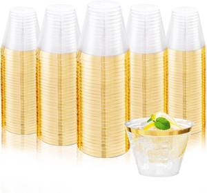 lot 1478 image: Ciaell 200PCS Gold Plastic Cups - 9Oz Heavy Duty Disposable Clear Plastic Cups with Gold Rim for Wine, Cocktail, Party & Wedding - Retail $29