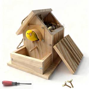 lot 1482 image: Hanging Bird House for Outside Clearance, Cedar Wooden Bird House to Paint for Finch Bluebird Cardinals, Bird Nest Feeder WRain Awning Kit for Outdoor Backyard Courtyard Patio Decor (DIY Detachable) - Retail $10