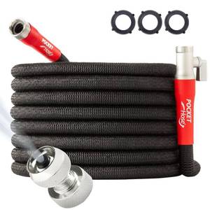 lot 1491 image: Pocket Hose 100 FT Silver Bullet 2.0 Expandable Garden Hose wTurbo Shot Nozzle, AS SEEN ON TV, Lead-Free, Solid Aluminum Connectors, Easy OnOff Valve, Kink-Free, Leak-Proof - Retail $80