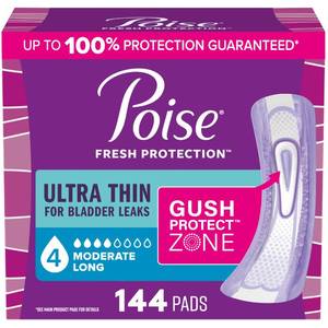 lot 1496 image: Poise Ultra Thin Incontinence Pads & Postpartum Pads for Bladder Leaks, 4 Drop Moderate Absorbency, Long Length, 144 Count, Packaging May Vary - Retail $46