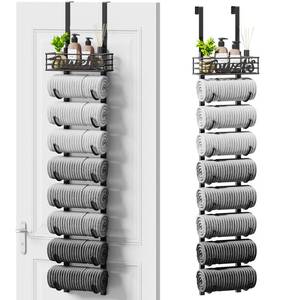 lot 1522 image: SWTYMIKI Hanging Towel Racks for Bathroom - 9 Tier Over the Door & Wall Mounted Bath Rolled Towel Storage Organizer Holder for Small Bathroom, RV, Camper, Black (Patented) - Retail $28