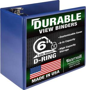 lot 7232 image: Samsill Durable 6 inch 3 Ring Binder, Locking D Ring Binder, Customizable Clear View Cover, Blue, Holds 1225 Pages - Retail $26
