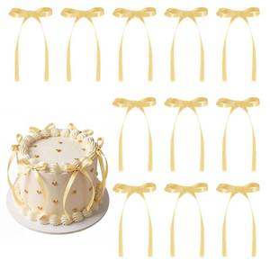 lot 7252 image: 30 Pack Bow Cake Toppers Champagne Gold Ribbon Bows for Cake Bow Cupcake Toppers Back to School Decorations Bow Birthday Decorations for Baby Shower, Wedding, Engagement, Bachelorette Party - Retail $6