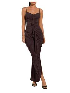 lot 7269 image: Floerns Womens Ruffle Ruched Cami Dress Draped Split Elegant Bodycon Maxi Dresses Coffee Brown Medium - Retail $53
